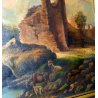 ANTICO GRANDE QUADRO DIPINTO OLIO TELA PAESAGGIO 1800 PONTE FIUME RUSTICO CAPRE