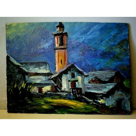 ANTICO DIPINTO OLIO TAVOLA Taleini PAESAGGIO MONTANO BAITA CHIESA CHIARO DI LUNA
