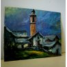 ANTICO DIPINTO OLIO TAVOLA Taleini PAESAGGIO MONTANO BAITA CHIESA CHIARO DI LUNA