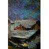 ANTICO DIPINTO OLIO TAVOLA Taleini PAESAGGIO MONTANO BAITA CHIESA CHIARO DI LUNA