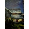 ANTICO DIPINTO OLIO TAVOLA Taleini PAESAGGIO MONTANO BAITA CHIESA CHIARO DI LUNA