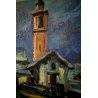 ANTICO DIPINTO OLIO TAVOLA Taleini PAESAGGIO MONTANO BAITA CHIESA CHIARO DI LUNA