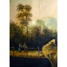 ANTICO GRANDE QUADRO DIPINTO OLIO TELA PAESAGGIO 1800 PONTE FIUME RUSTICO CAPRE