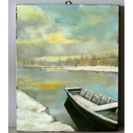 QUADRO DIPINTO OLIO TELA PAESAGGIO MONTANO FONDO TOCE VERBANIA NEVE FIUME VALLE 
