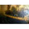 ANTICO GRANDE QUADRO DIPINTO OLIO TELA PAESAGGIO 1800 PONTE FIUME RUSTICO CAPRE