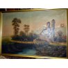 ANTICO GRANDE QUADRO DIPINTO OLIO TELA PAESAGGIO 1800 PONTE FIUME RUSTICO CAPRE