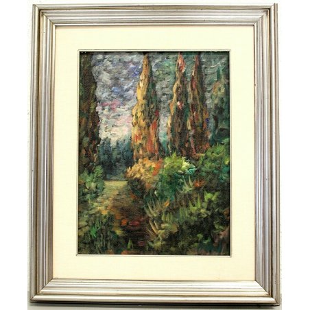 ANTICO QUADRO OLIO TAVOLA G. Prelli PAESAGGIO ORTA S. GIULIO CIPRESSI PARCO 1975