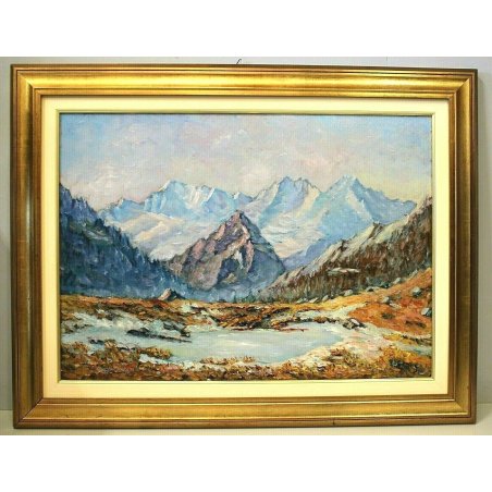 QUADRO DIPINTO OLIO TELA Alda Morella Ragni PAESAGGIO MONTANO LAGO NEVE 1989 