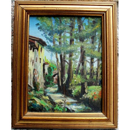 ANTICO QUADRO OLIO TAVOLA C. Pogliaghi PAESAGGIO RURALE RUSCELLO DIPINTO RETRO 