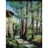 ANTICO QUADRO OLIO TAVOLA C. Pogliaghi PAESAGGIO RURALE RUSCELLO DIPINTO RETRO 