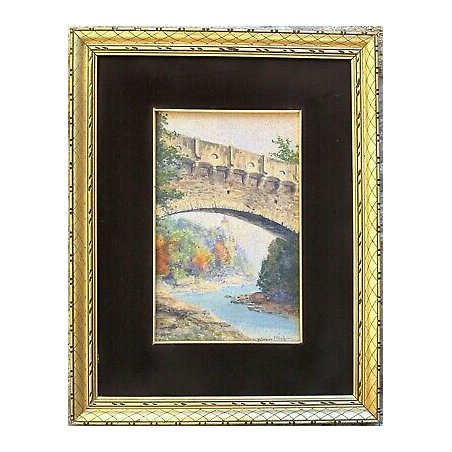 ANTICO QUADRO ACQUERELLO W. Wollman Mùnchen PAESAGGIO PONTE SCORCIO CASTELLO'800