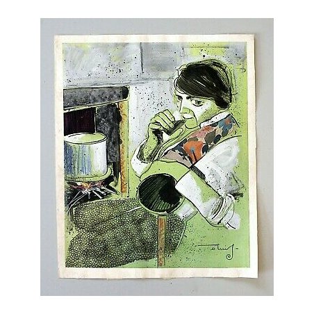 STAMPA CROMO-LITOGRAFICA VINTAGE FIRMATA A.Tuis RITRATTO UOMO CON BICCHIERE '900