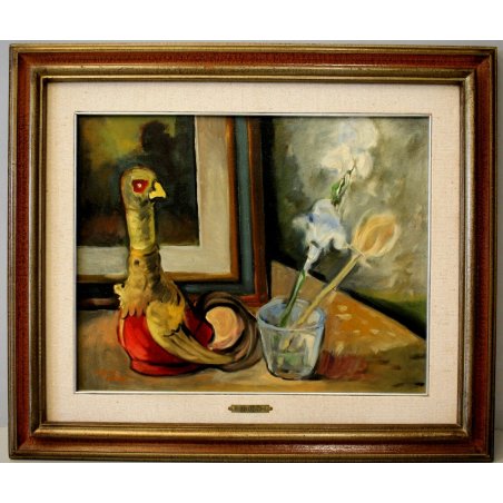 ANTICO QUADRO DIPINTO OLIO TELA Parigi Bruschi "Il papero" NATURA MORTA 1970