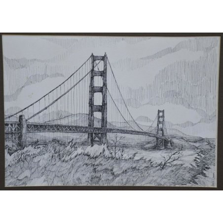 ANTICO DIPINTO CHINA Golden Gate Bridge EPOCA 1900 DISEGNO PONTE San Francisco