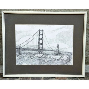ANTICO DIPINTO CHINA Golden Gate Bridge EPOCA 1900 DISEGNO PONTE San Francisco