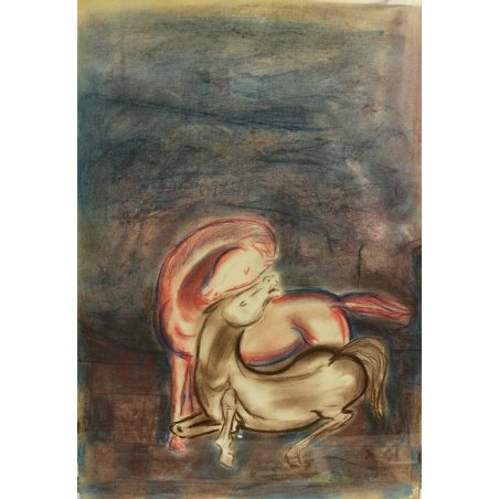 QUADRO DISEGNO TECNICA MISTA ACQUERELLO PASTELLO SU CARTA COPPIA CAVALLI 82