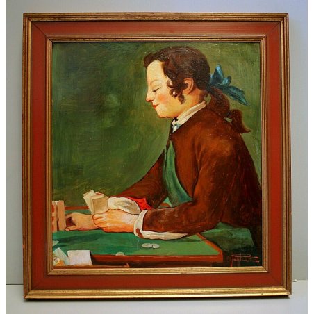 DIPINTO OLIO RITRATTO NOBILUOMO GIOCO DELLE CARTE CASTELLO TAROCCHI FIRMATO '900