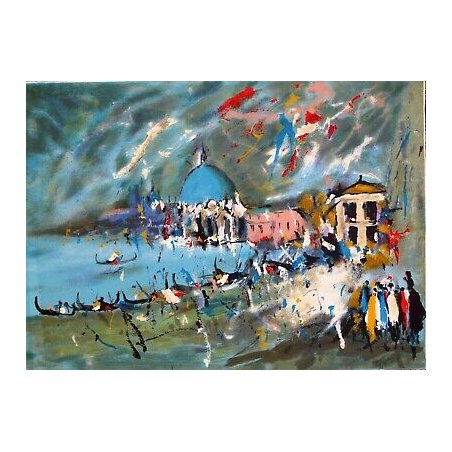 LITOGRAFIA G. Abruzzese VEDUTA VENEZIA CUPOLE PIAZZA S. MARCO GONDOLE LAGUNA 900