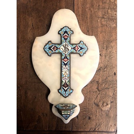 ANTICA CROCE CLOISONNE SMALTO POLICROMO OTTONE ONICE CROCIFISSO RELIGIOSO '900