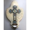 ANTICA CROCE CLOISONNE SMALTO POLICROMO OTTONE ONICE CROCIFISSO RELIGIOSO '900