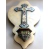 ANTICA CROCE CLOISONNE SMALTO POLICROMO OTTONE ONICE CROCIFISSO RELIGIOSO '900