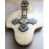 ANTICA CROCE CLOISONNE SMALTO POLICROMO OTTONE ONICE CROCIFISSO RELIGIOSO '900