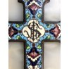 ANTICA CROCE CLOISONNE SMALTO POLICROMO OTTONE ONICE CROCIFISSO RELIGIOSO '900