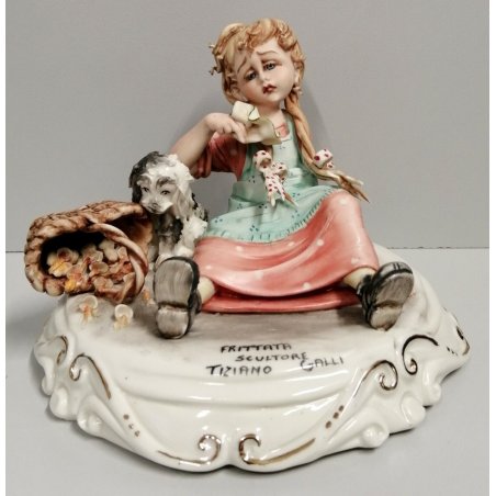 ANTICA SCULTURA PORCELLANA "FRITTATA" Tiziano Galli BAMBINA CANE anni 40/50