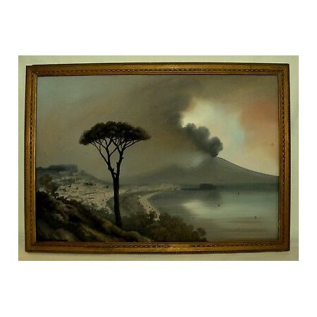 ANTICO QUADRO MARINA GOLFO NAPOLI Antonio Coppola 1800 VESUVIO ACQUERELLO VEDUTA