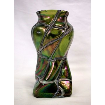 PICCOLO VASO Loez Boemia VETRO SOFFIATO IRIDESCENTE GLASS VASE 1890/1900 DESIGN