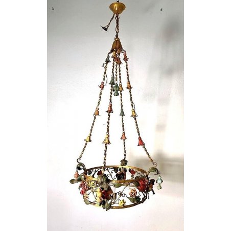 ANTICO LAMPADARIO VINTAGE FERRO BATTUTO FIORI CHANDELIER FLOWER BASKET 4 lumi