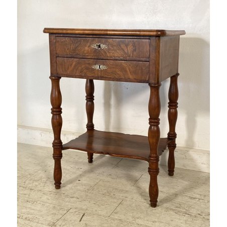 ANTICO TAVOLINO DA LAVORO 2 RIPIANI LEGNO NOCE ABETE 1800 2 CASSETTI ETAGERE OLD