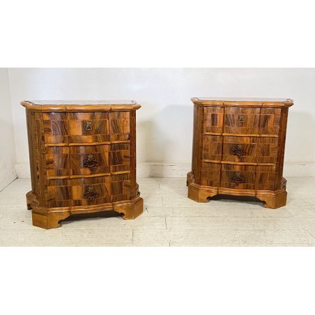 ANTICA COPPIA COMODINI PRIMI 1900 LEGNO ABETE LASTRONATI NOCE STILE CANTERANO 