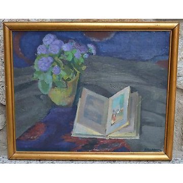 ANTICO QUADRO DIPINTO Albrecht Mayer '800 NATURA MORTA libro VASO FIORI Svizzera