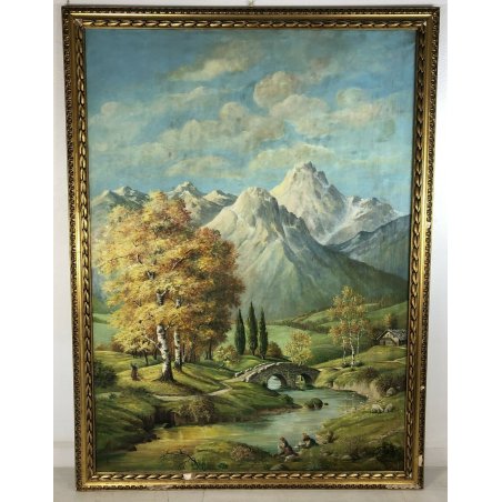 ANTICO GRANDE QUADRO MONTAGNE FIRMATO PEDOTTI 1962 PAESAGGIO LAGHETTO COLLINA 