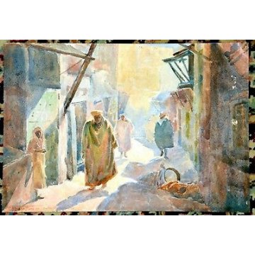 ANTICO QUADRO PAESAGGIO TIZIANO MONTI EPOCA 800 DIPINTO ACQUERELLO FEZ MAROCCO