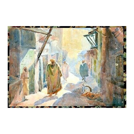 ANTICO QUADRO PAESAGGIO TIZIANO MONTI EPOCA 800 DIPINTO ACQUERELLO FEZ MAROCCO