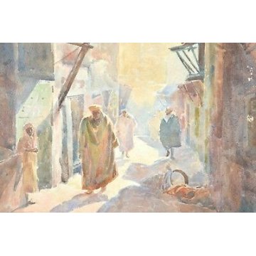 ANTICO QUADRO PAESAGGIO TIZIANO MONTI EPOCA 800 DIPINTO ACQUERELLO FEZ MAROCCO