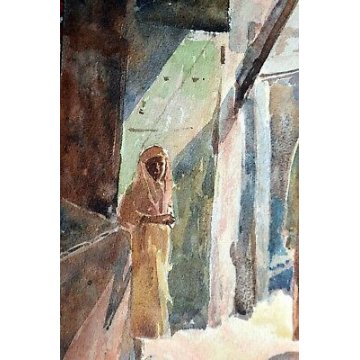ANTICO QUADRO PAESAGGIO TIZIANO MONTI EPOCA 800 DIPINTO ACQUERELLO FEZ MAROCCO