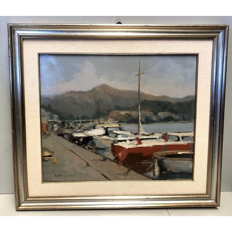 QUADRO DIPINTO OLIO TELA PAESAGGIO MARINA PONTILE PORTO BARCHE GOLFO FIRMATO 900
