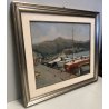 QUADRO DIPINTO OLIO TELA PAESAGGIO MARINA PONTILE PORTO BARCHE GOLFO FIRMATO 900
