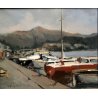 QUADRO DIPINTO OLIO TELA PAESAGGIO MARINA PONTILE PORTO BARCHE GOLFO FIRMATO 900