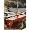 QUADRO DIPINTO OLIO TELA PAESAGGIO MARINA PONTILE PORTO BARCHE GOLFO FIRMATO 900