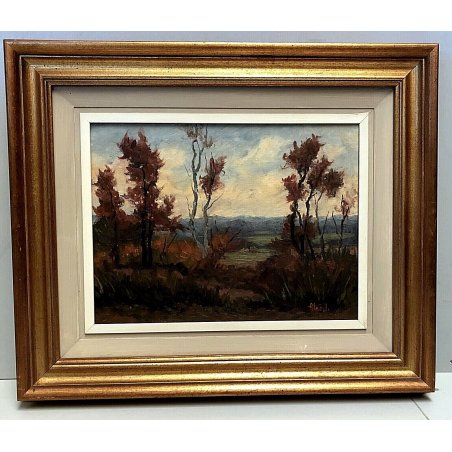 QUADRO DIPINTO OLIO TELA Aleotti BOSCO SELVA AUTUNNO PAESAGGIO BRUGHIERA BETULLE