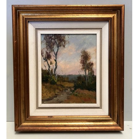 QUADRO DIPINTO OLIO TAVOLA Aleotti Alla sera AUTUNNO PAESAGGIO BRUGHIERABETULLE 