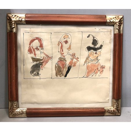 ANTICO DISEGNO ACQUERELLO E. Poletti STUDIO RITRATTO FIGURE STRUMENTI a FIATO
