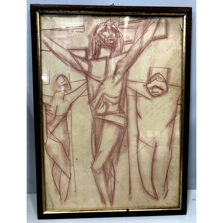  DISEGNO SANGUIGNA Edmondo Poletti CROCEFISSIONE Gesù LADRONI GOLGOTA RELIGIOSO
