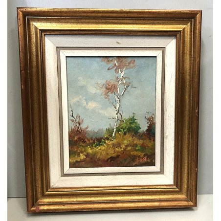 QUADRO DIPINTO OLIO TAVOLA Aleotti Alla sera AUTUNNO PAESAGGIO BRUGHIERA BETULLE