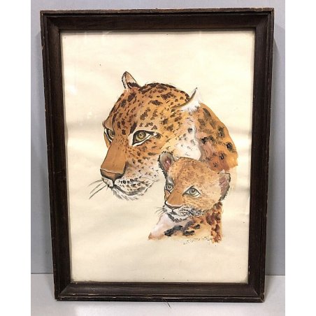 ACQUERELLO CARTONCINO DISEGNO SCHIZZO SKETCH RITRATTO LEOPARDO con CUCCIOLO '900