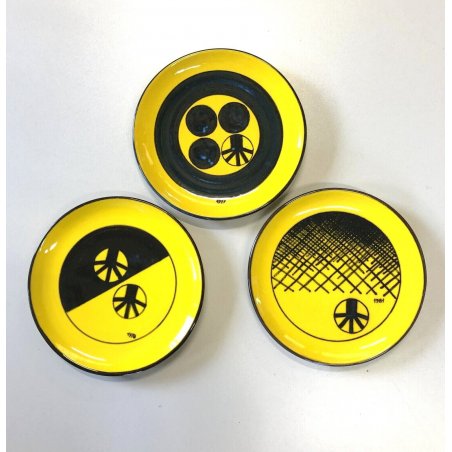 SET 3 Pz PIATTO PARETE CERAMICA SMALTO GIALLO DECORO ASTRATTO NERO 1977/78/81